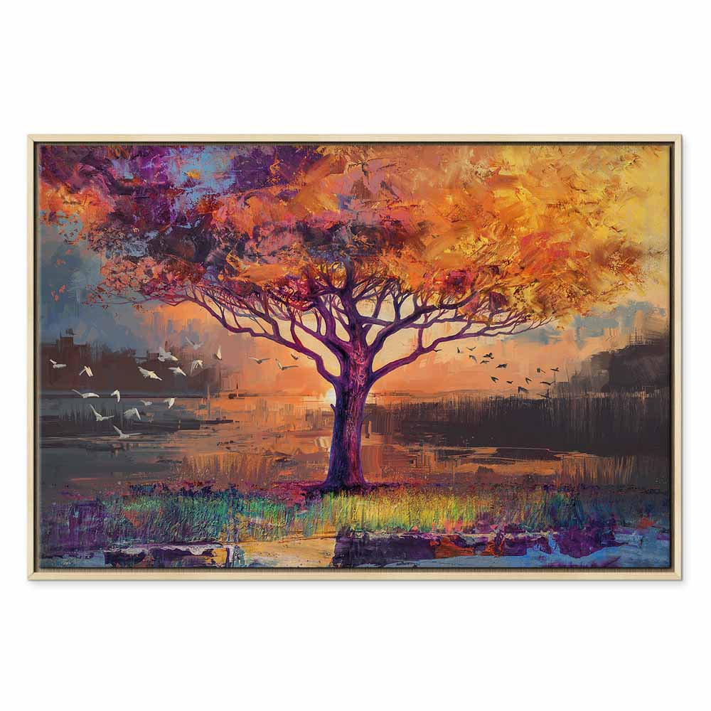 Autumn Birds and Trees Colorful Canvas Print