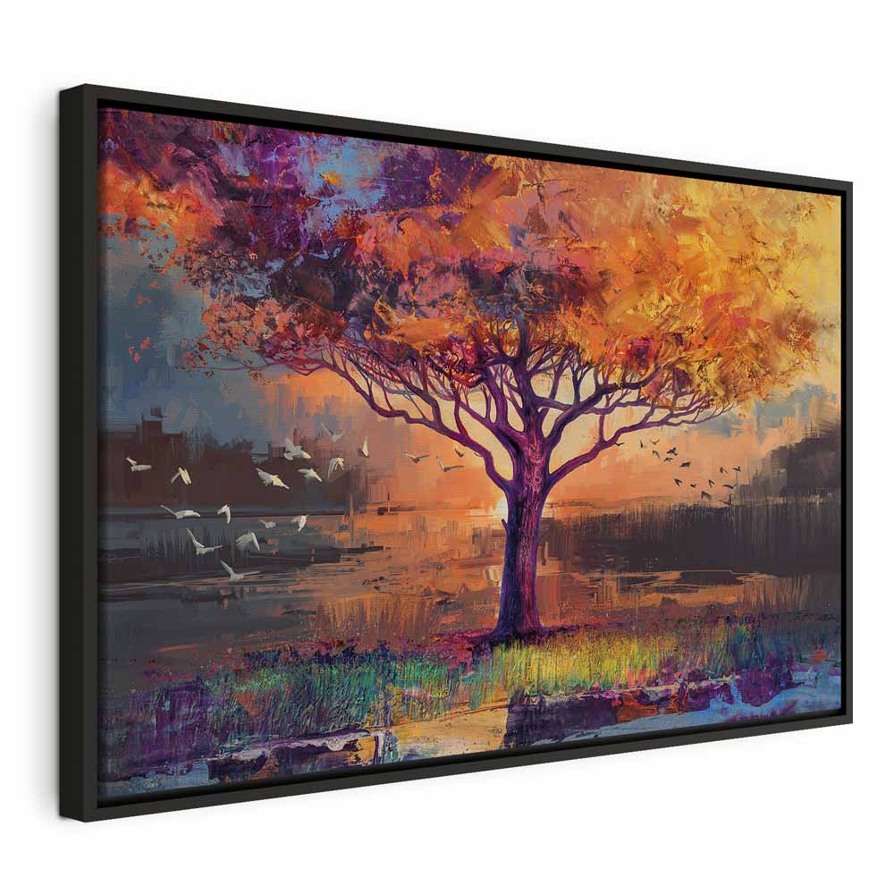 Autumn Birds and Trees Colorful Canvas Print