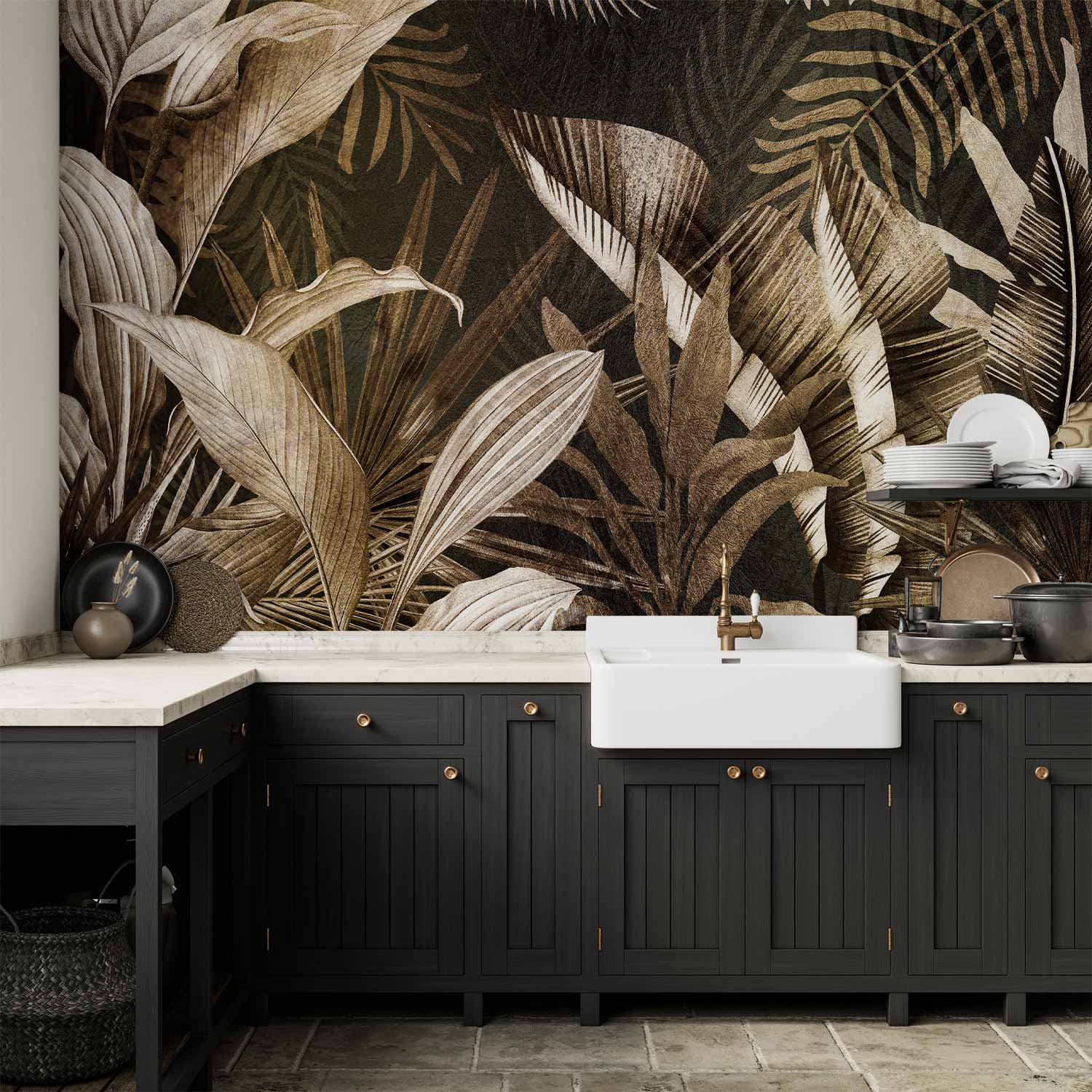 Wall Mural Nature Leaves Green Grey White