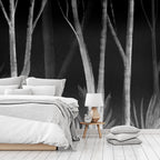Wall Murals: Forest Night with White Trees on Black