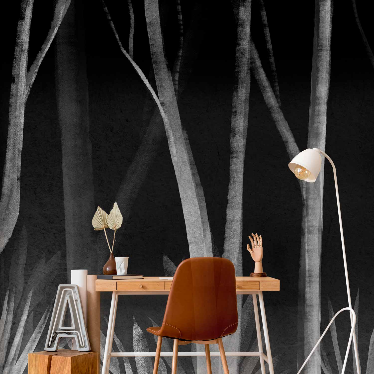 White Forest Trees Minimalist Night Wall Mural