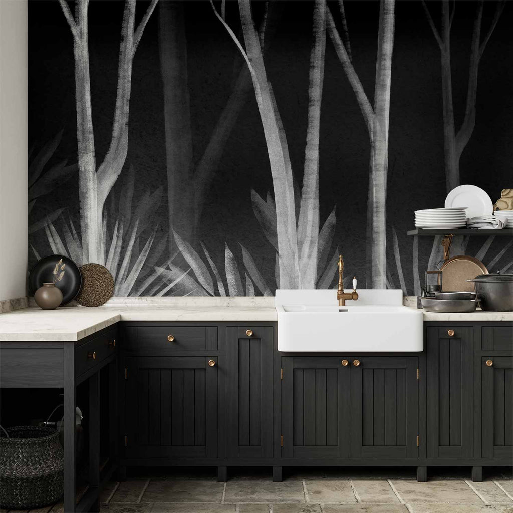 Wall Murals: Forest Night with White Trees on Black