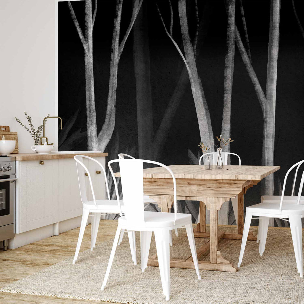 White Forest Trees Minimalist Night Wall Mural