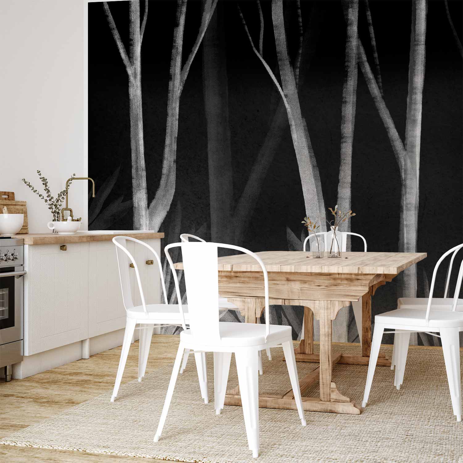 White Forest Trees Minimalist Night Wall Mural