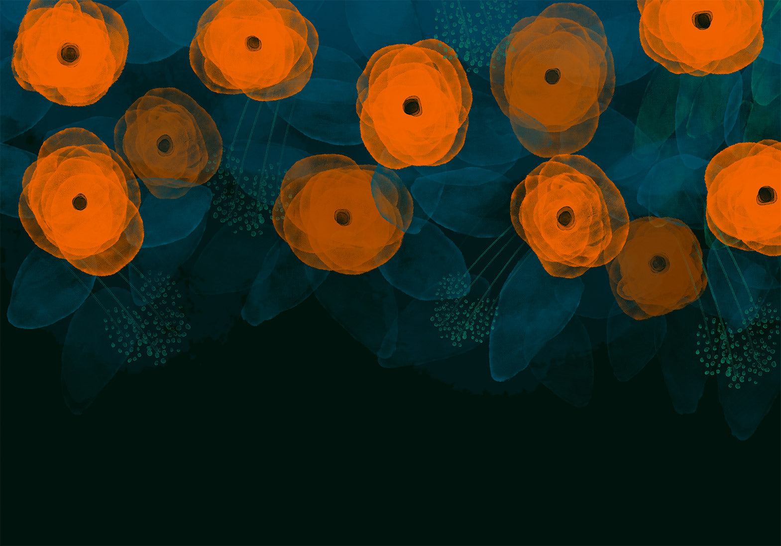 Wandbild mit Aquarellkomposition: Orangefarbene Muster auf zartem Blätterhintergrund