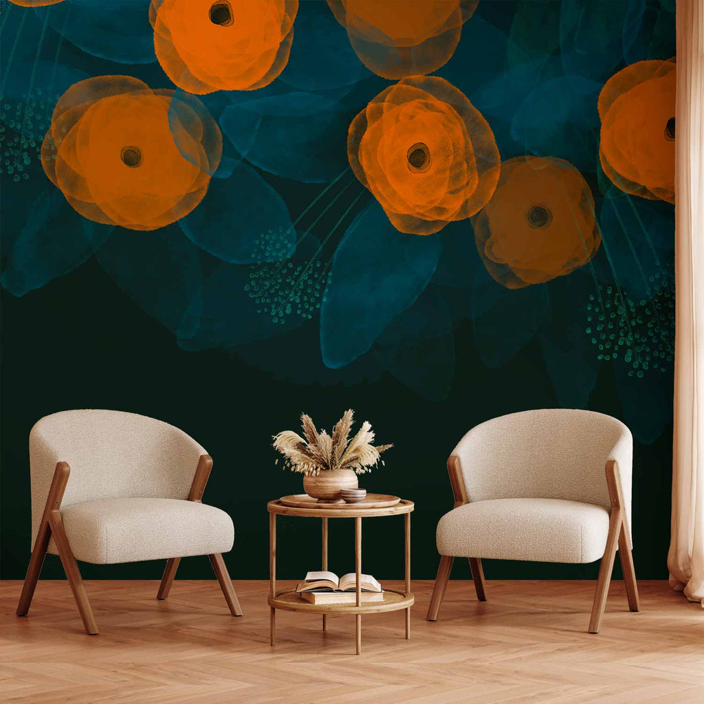 Wandbild mit Aquarellkomposition: Orangefarbene Muster auf zartem Blätterhintergrund