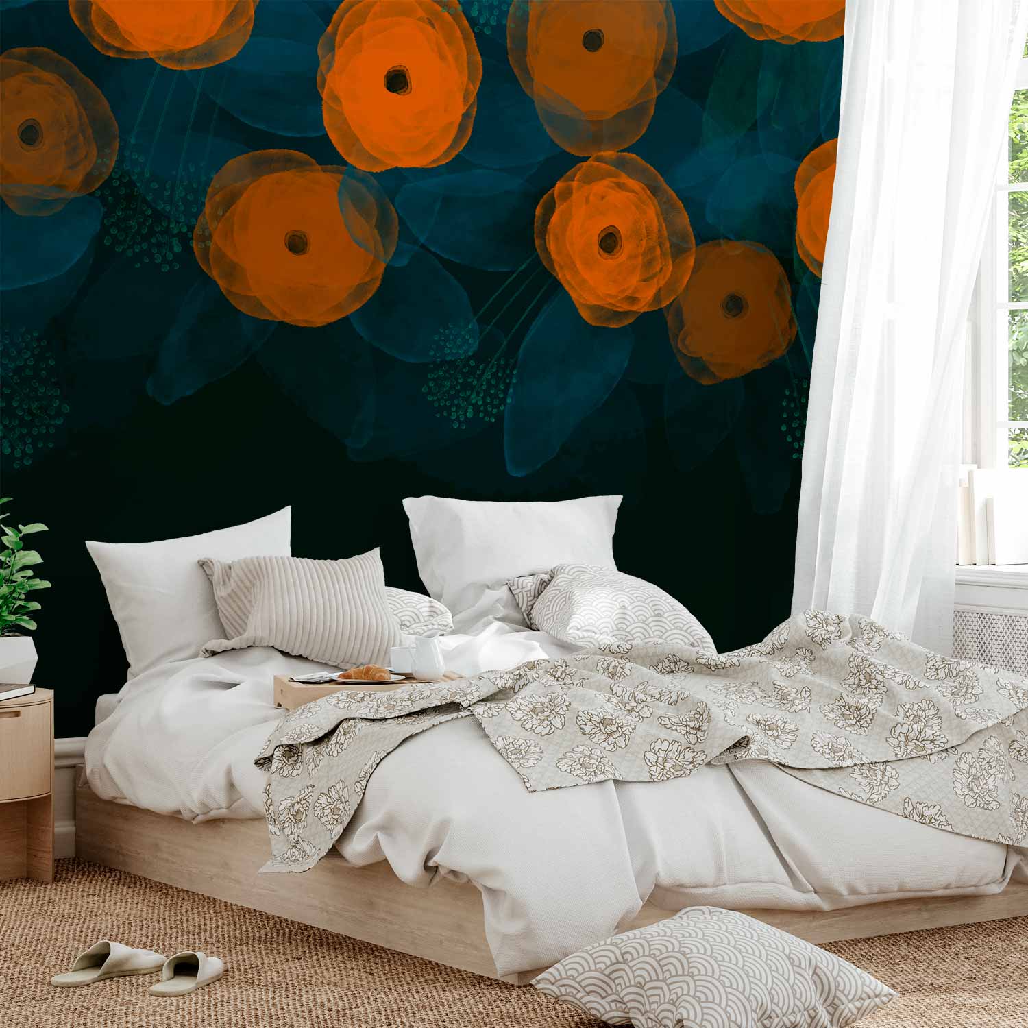 Orange Watercolour Leaf Pattern Wall Mural