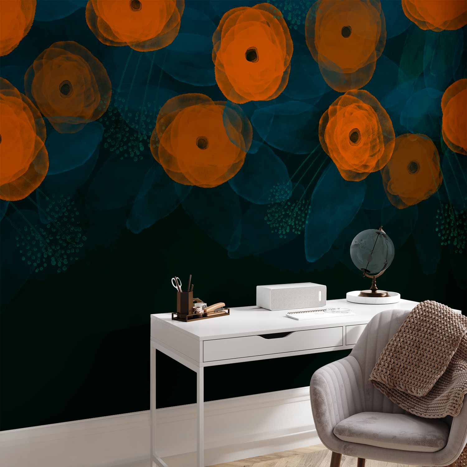 Orange Watercolour Leaf Pattern Wall Mural