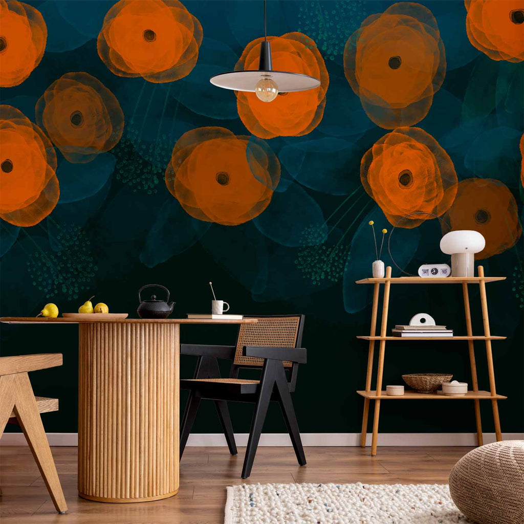 Wandbild mit Aquarellkomposition: Orangefarbene Muster auf zartem Blätterhintergrund