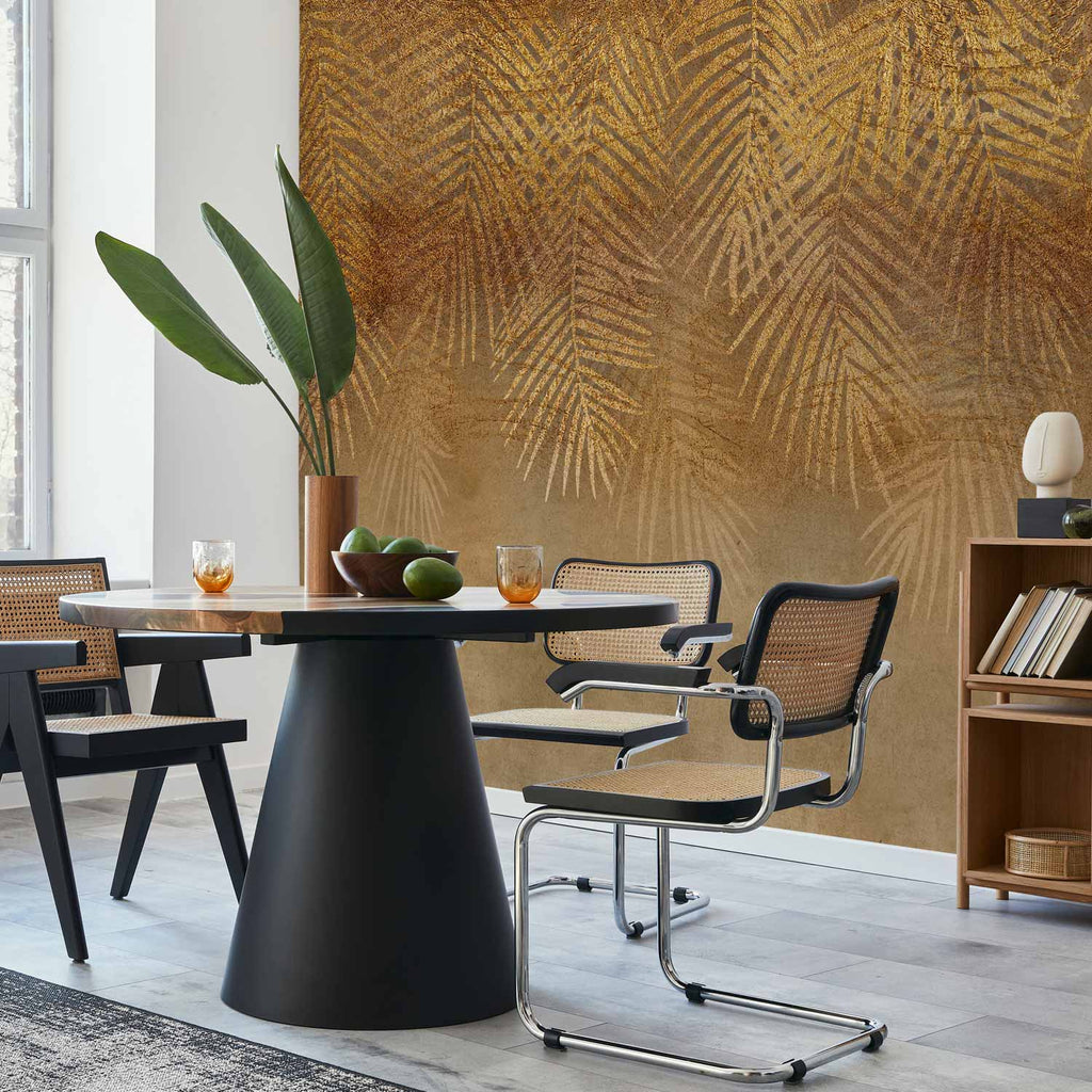 Golden Exotic Leaves Beige Abstract Nature Wall Mural