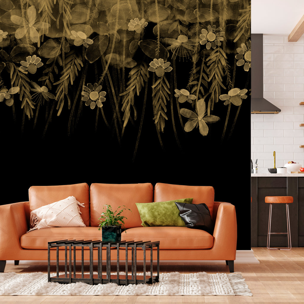 Wall Mural Nature Landscape Leaves Sepia Flowers