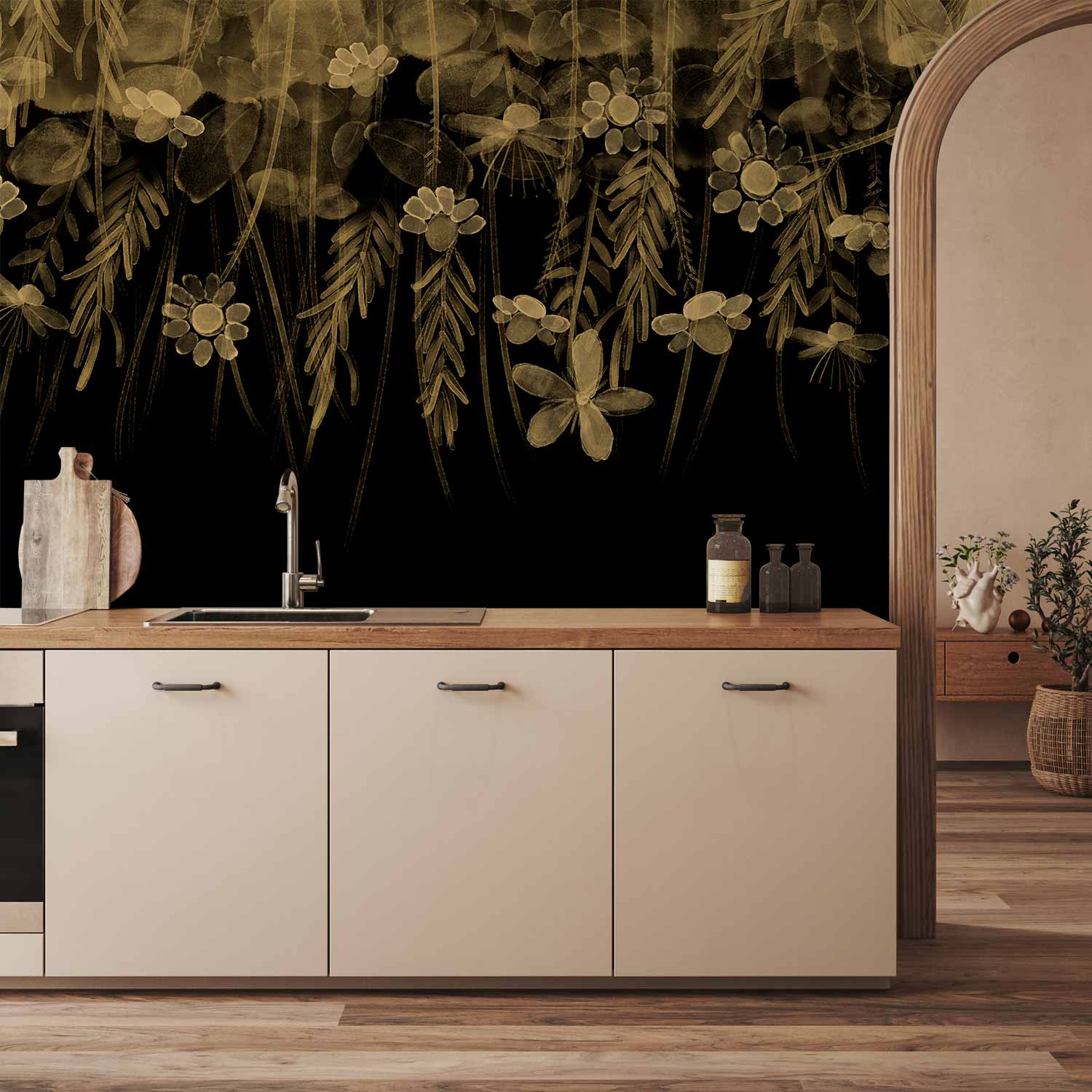 Wall Mural Nature Landscape Leaves Sepia Flowers