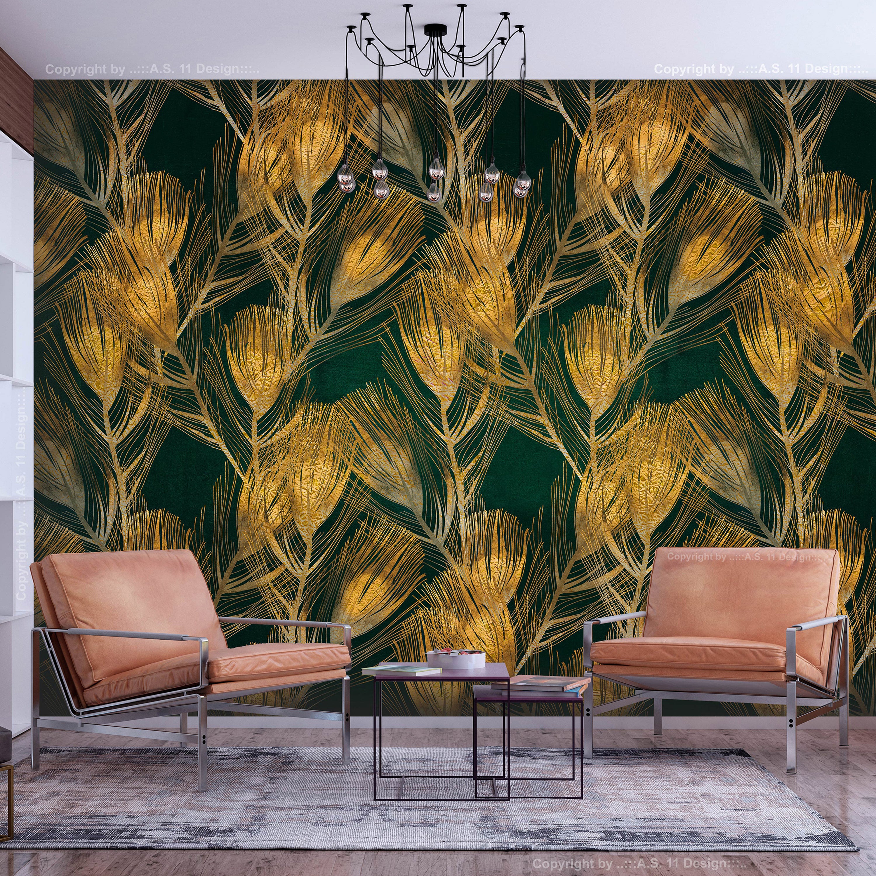Wall Mural - Golden Peacock Feathers on Green Background