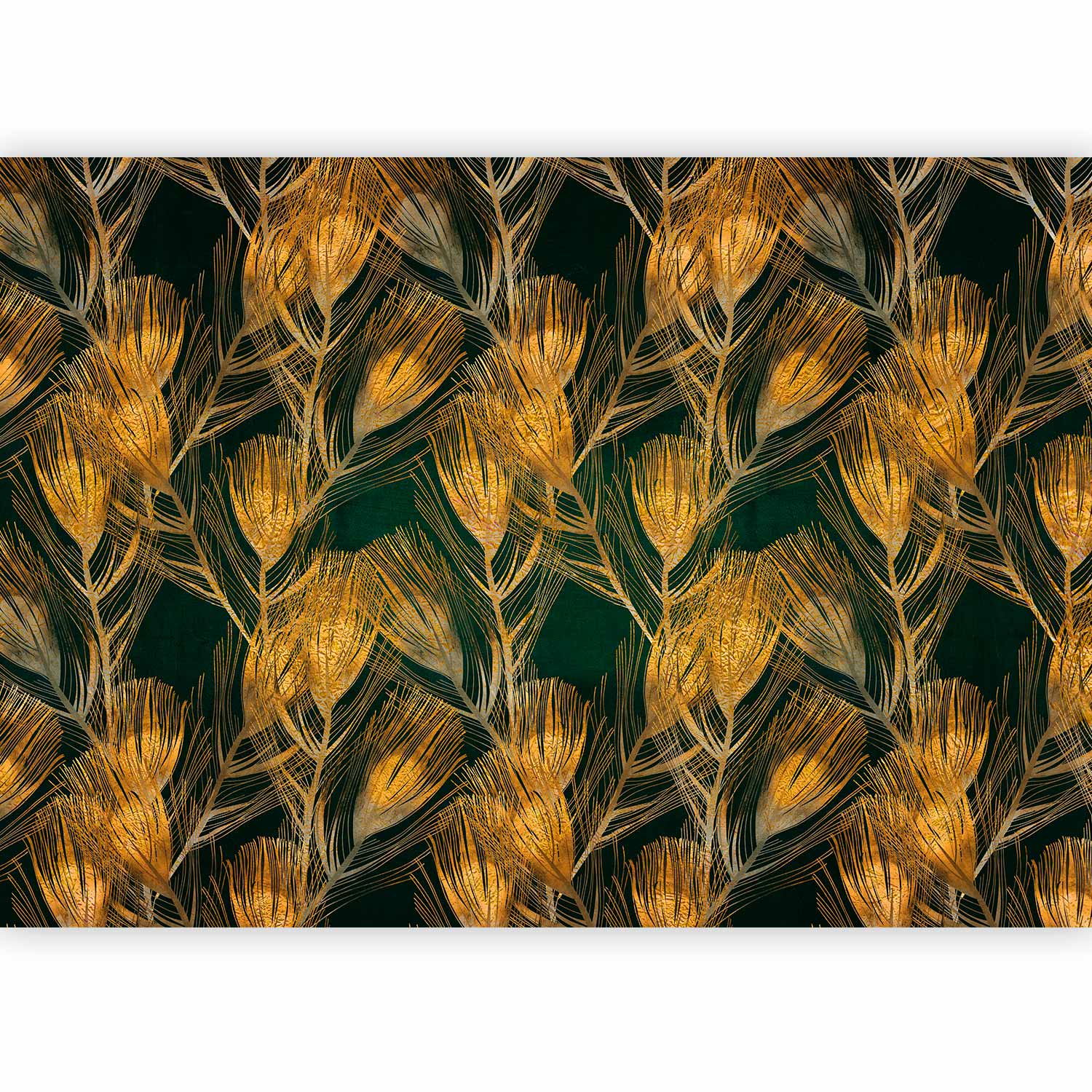 Wall Mural - Golden Peacock Feathers on Green Background