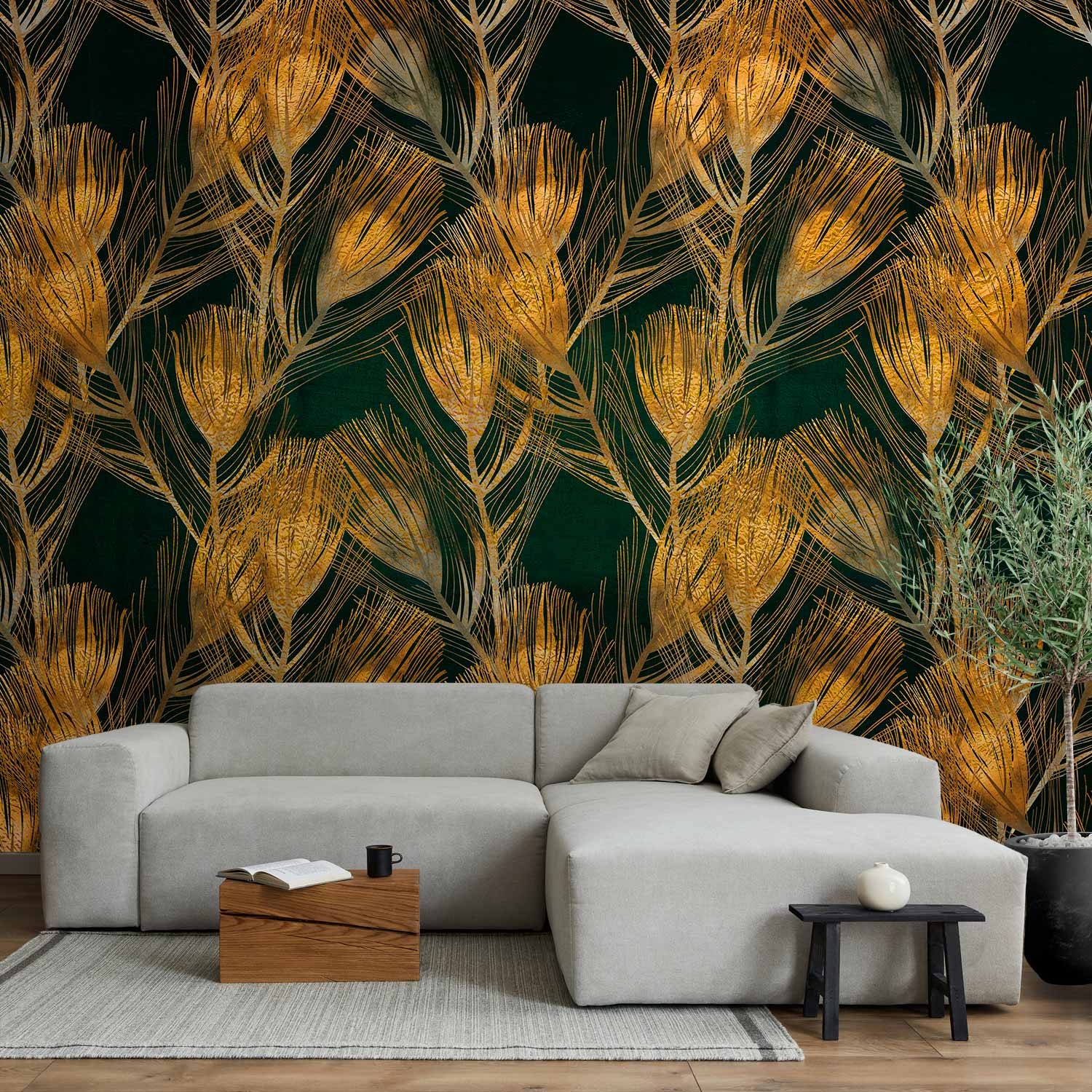 Wall Mural - Golden Peacock Feathers on Green Background