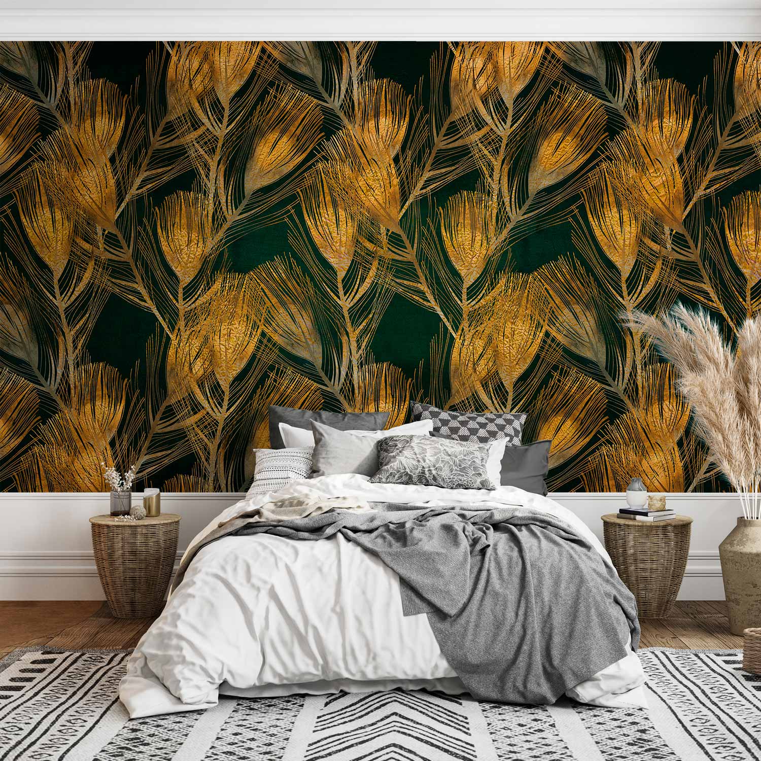 Golden Peacock Feather Pattern Wall Mural