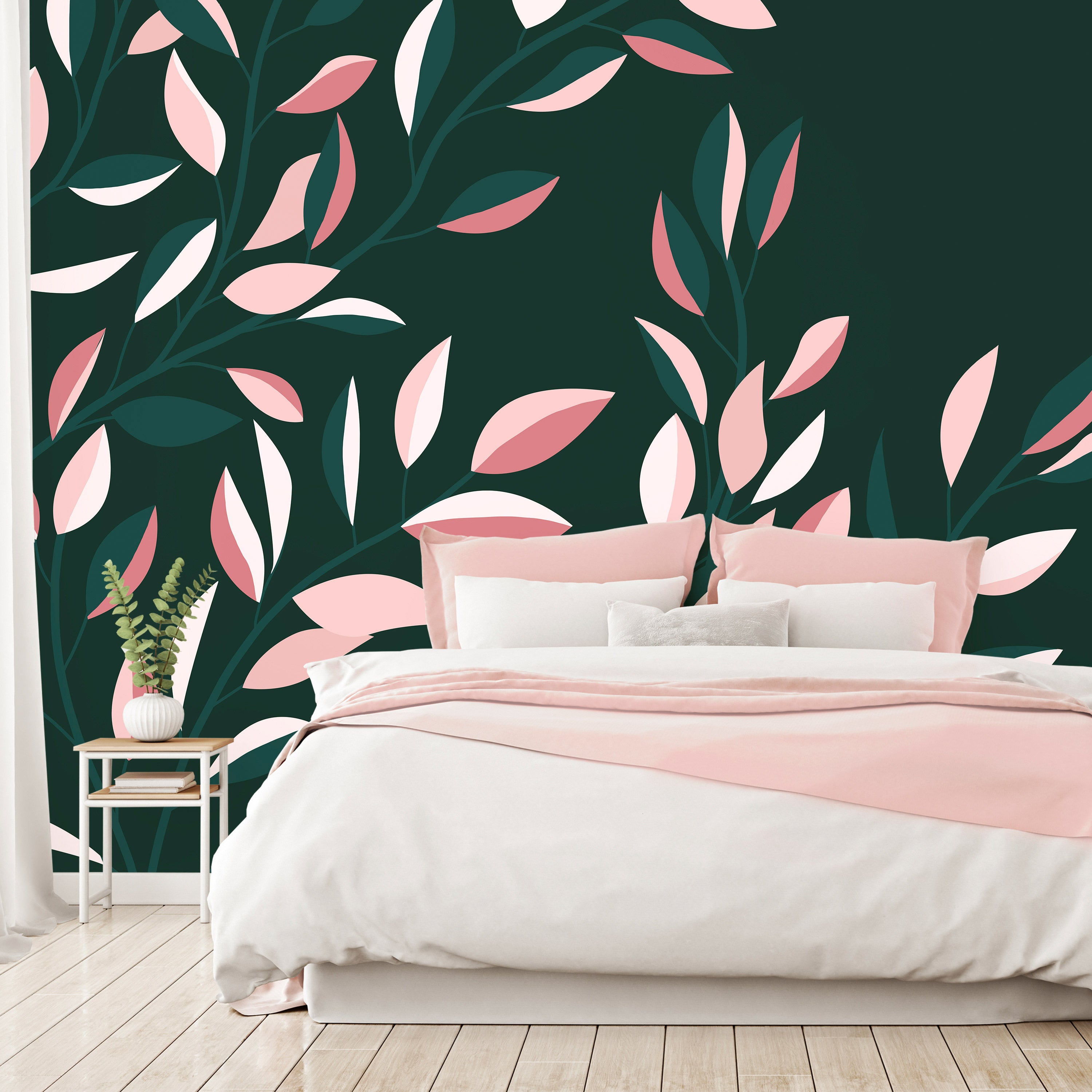 Wall Mural - Flowering Vine Leaves on Green Background
