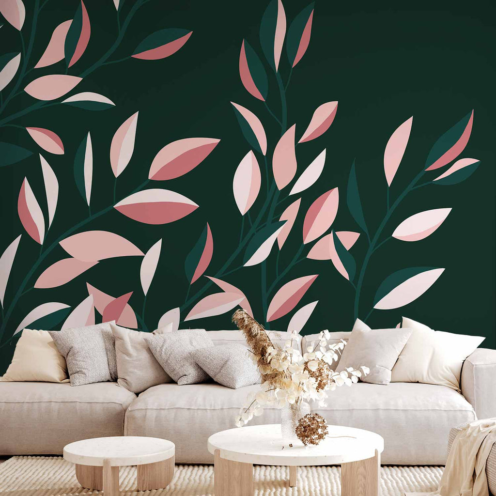 Wall Mural - Flowering Vine Leaves on Green Background