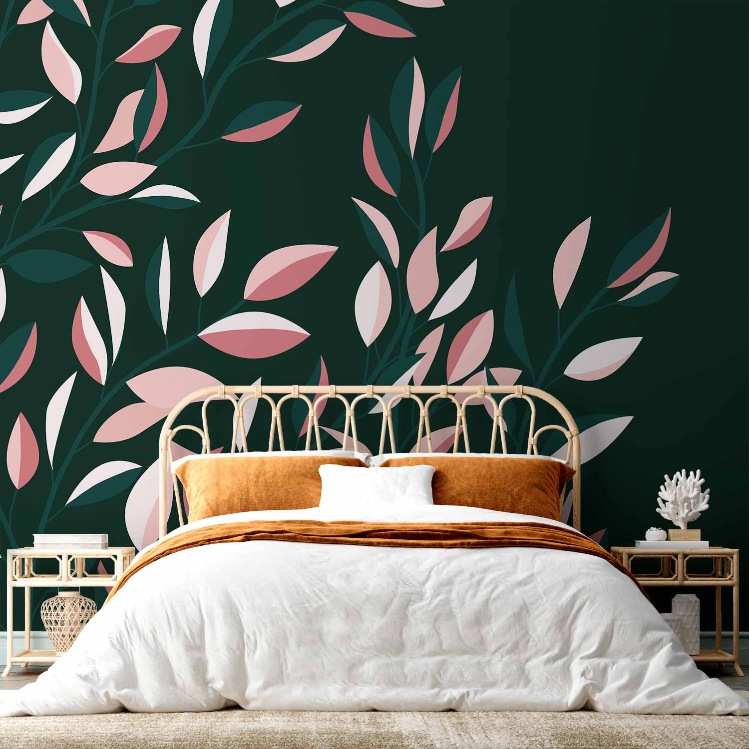 Minimalist Flowering Vine Green Wall Mural
