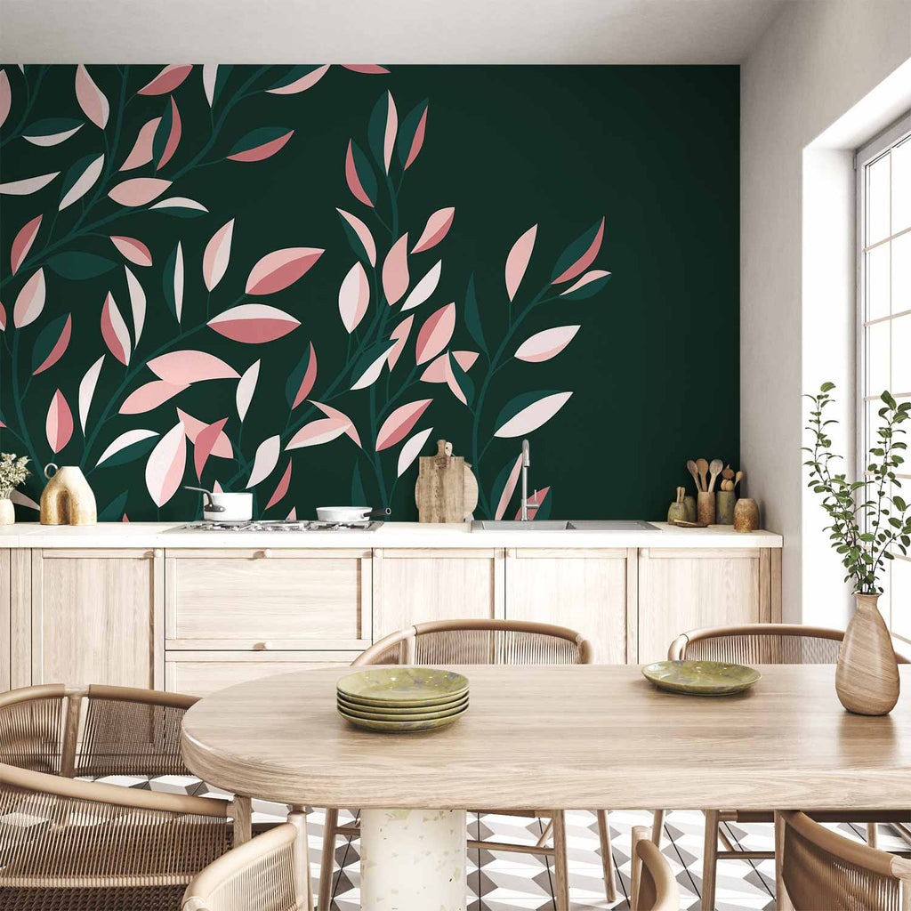 Wall Mural - Flowering Vine Leaves on Green Background