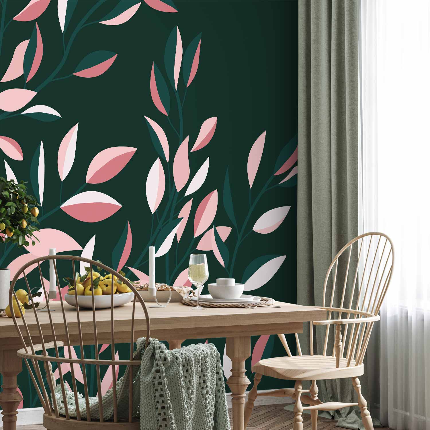 Minimalist Flowering Vine Green Wall Mural