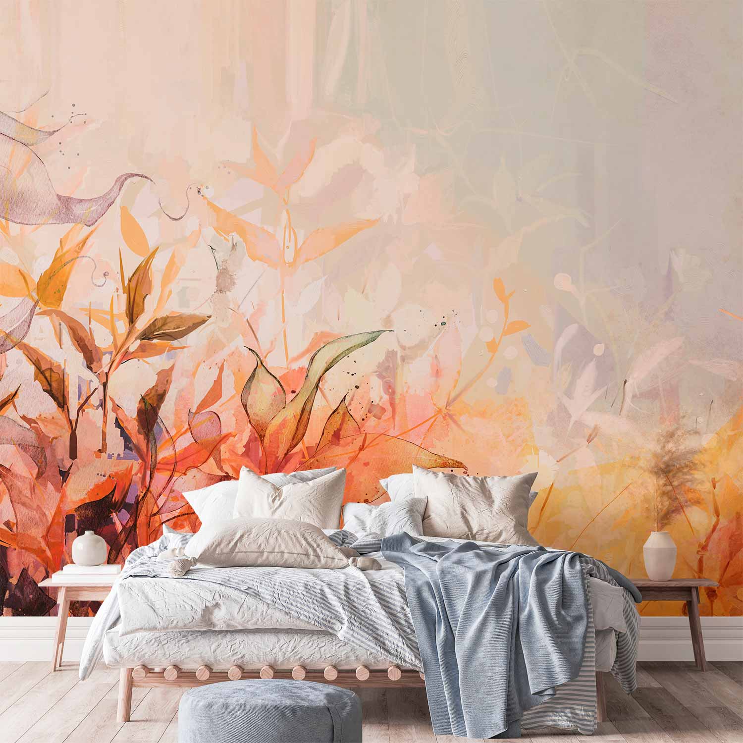 Watercolor Flaming Meadow Floral Landscape Wall Mural
