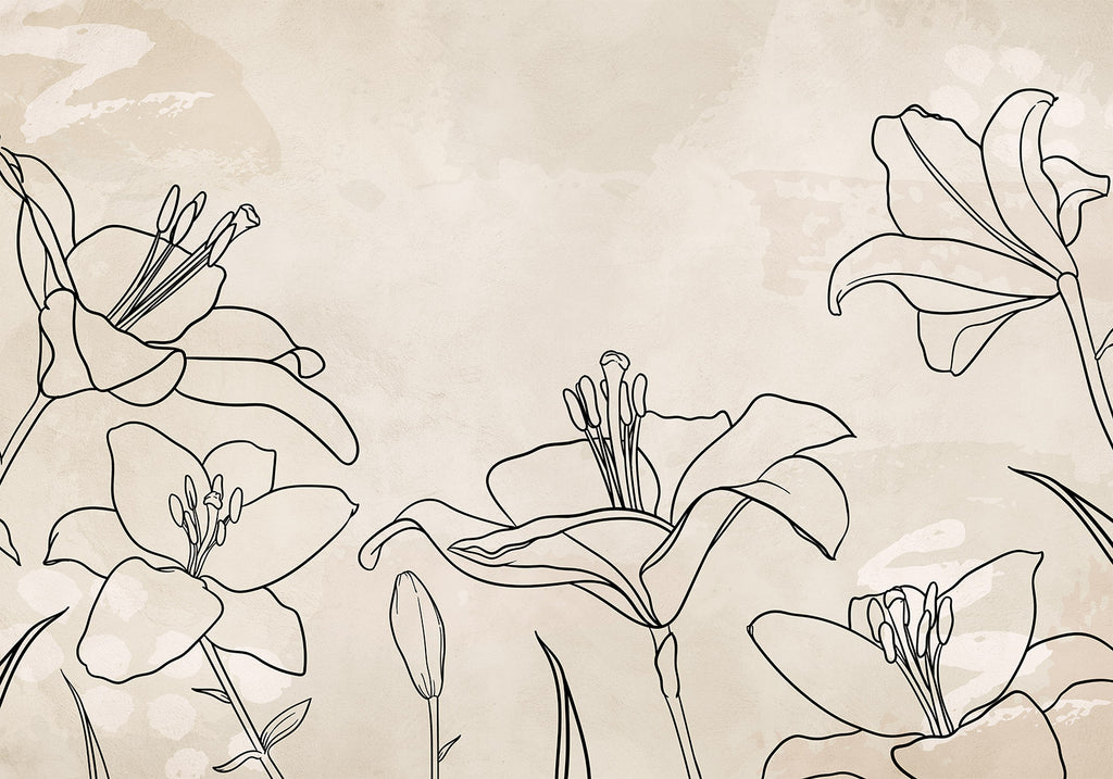 Wall mural nature sketch lineart lilies beige background