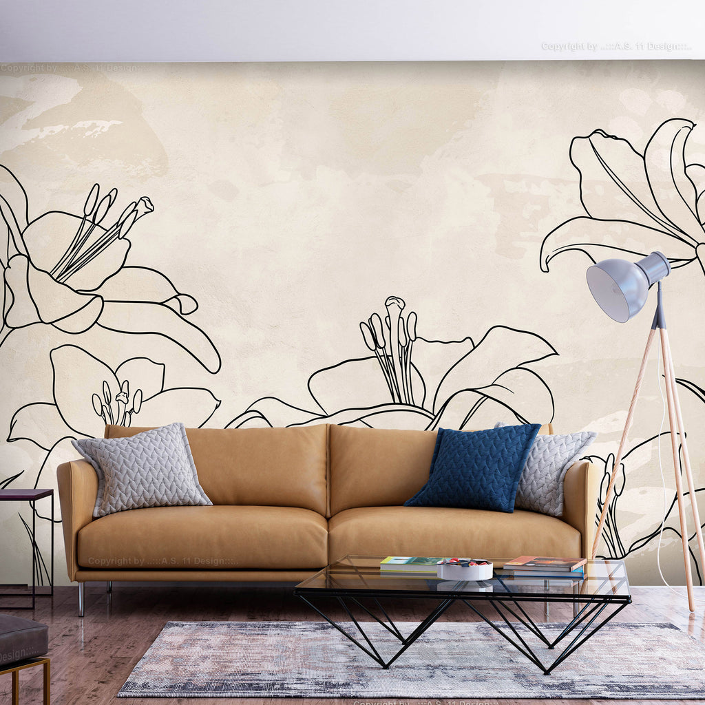 Wall mural nature sketch lineart lilies beige background