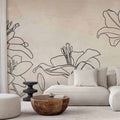Minimalist Lily Line Art Beige Wall Mural