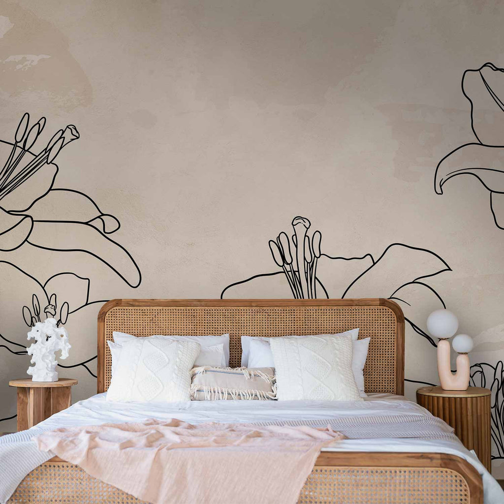 Minimalist Lily Line Art Beige Wall Mural