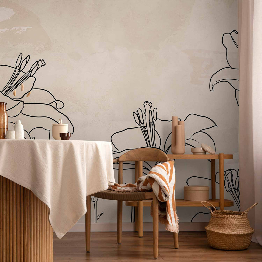 Minimalist Lily Line Art Beige Wall Mural