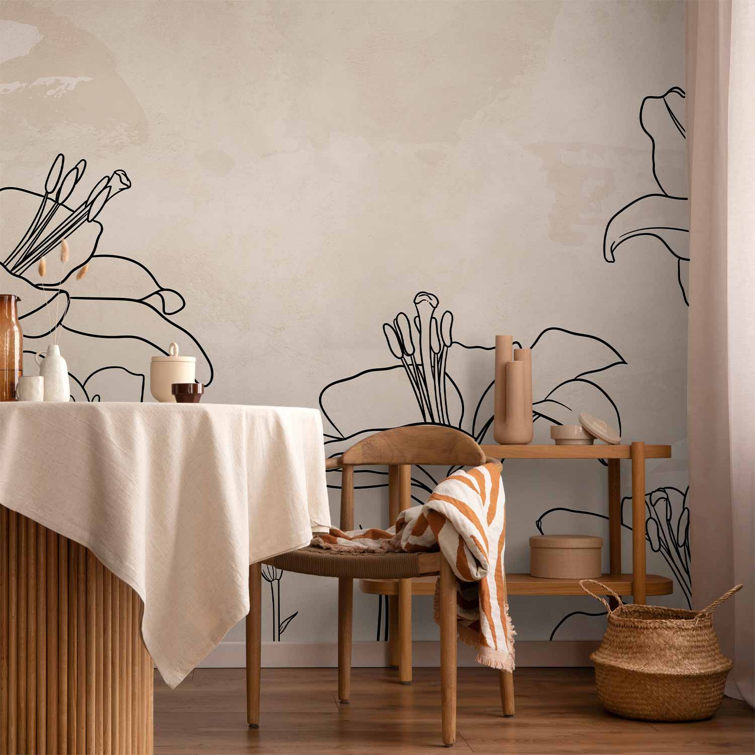Minimalist Lily Line Art Beige Wall Mural