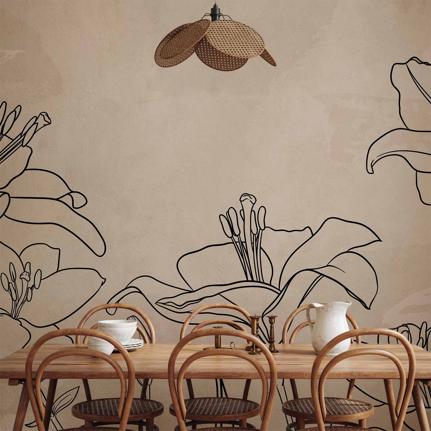 Wall mural nature sketch lineart lilies beige background