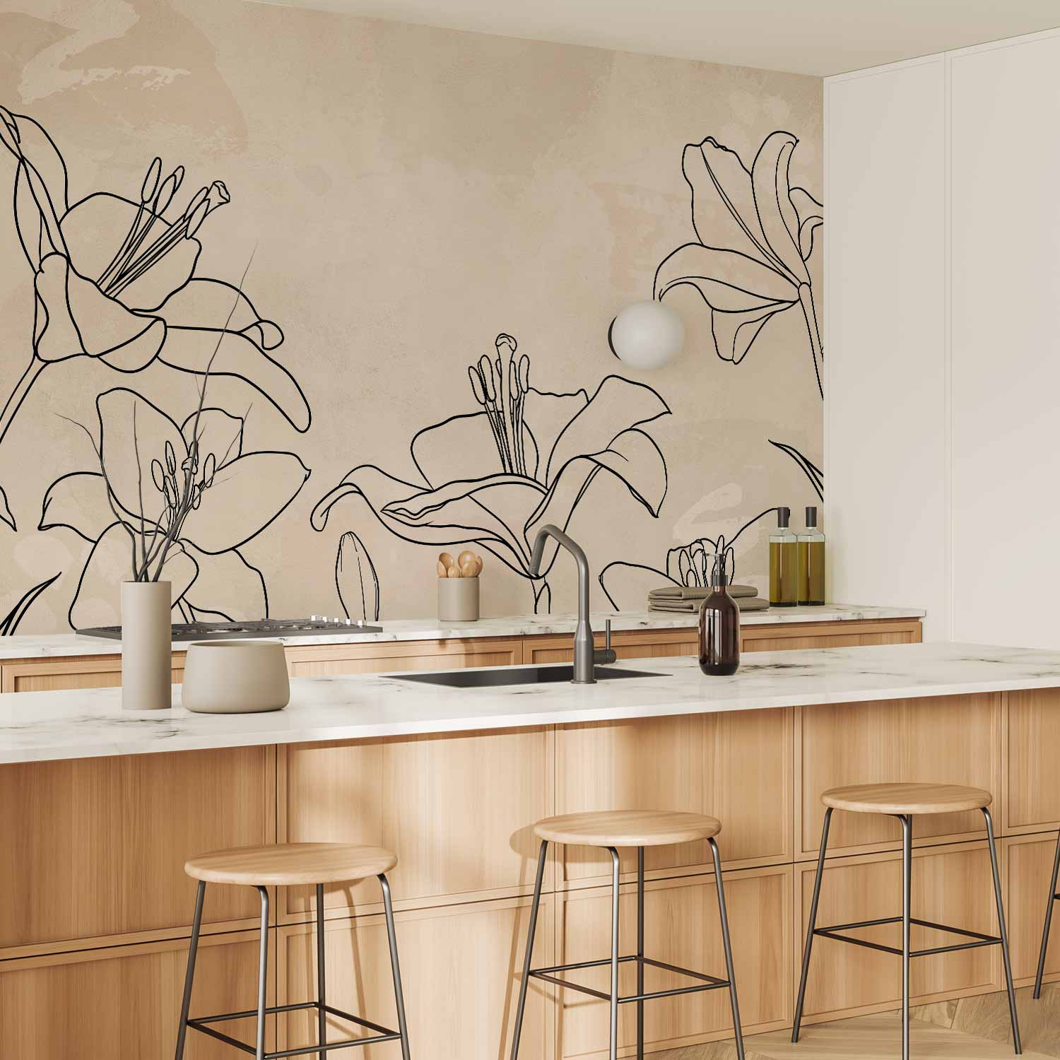 Minimalist Lily Line Art Beige Wall Mural