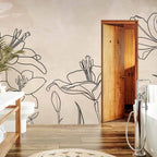 Minimalist Lily Line Art Beige Wall Mural