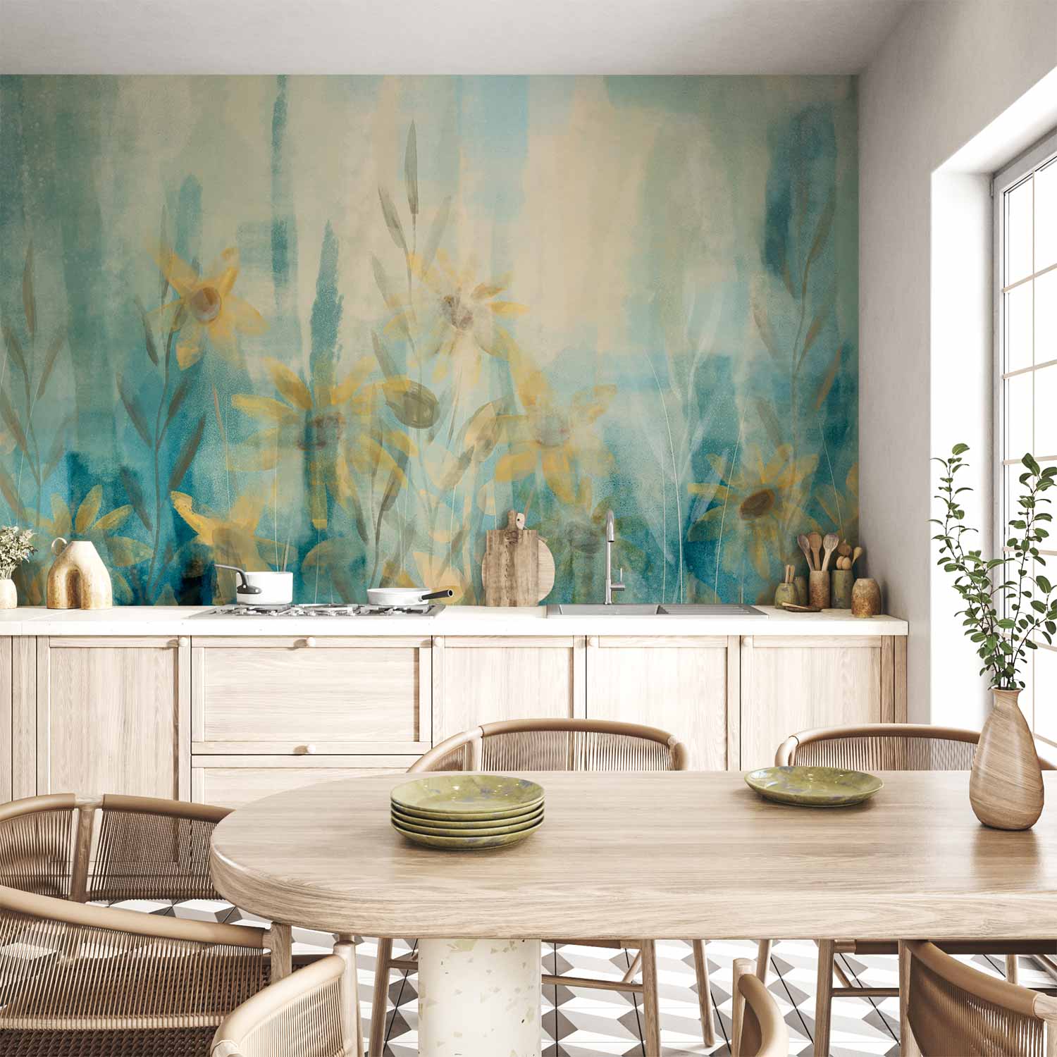 Wall Mural Summer Floral Meadow Blue Tones