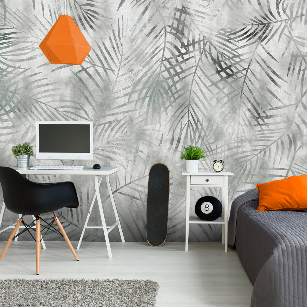 Wall Mural: Minimalist Landscape with Grey Exotic Leaves