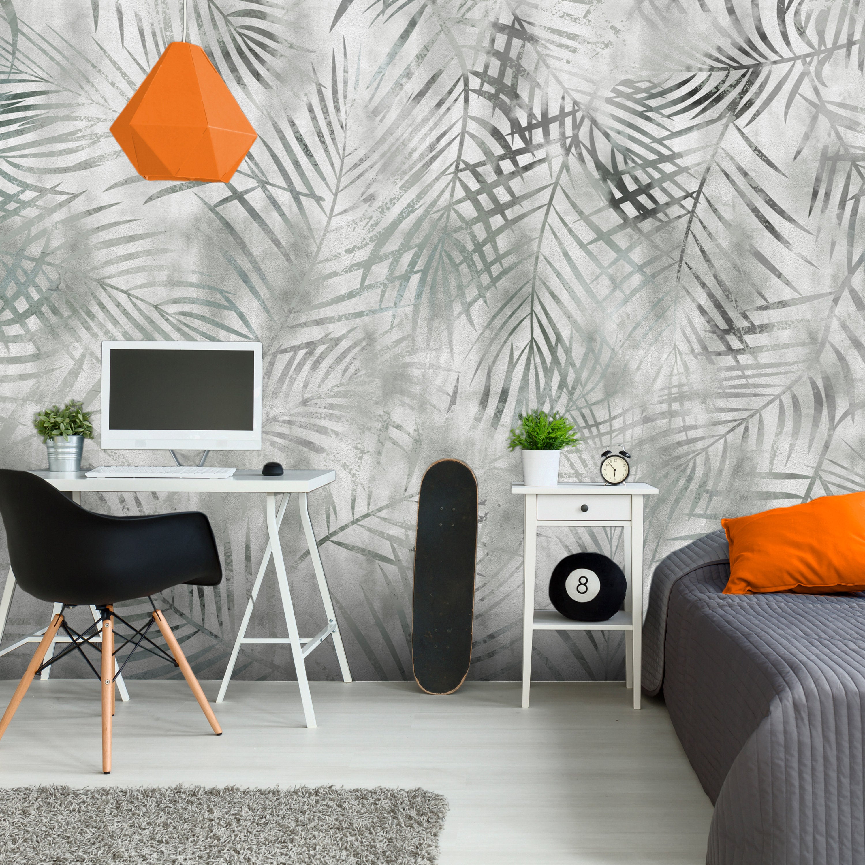 Wall Mural: Minimalist Landscape with Grey Exotic Leaves
