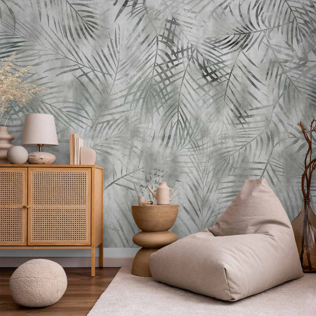 Wall Mural: Minimalist Landscape with Grey Exotic Leaves