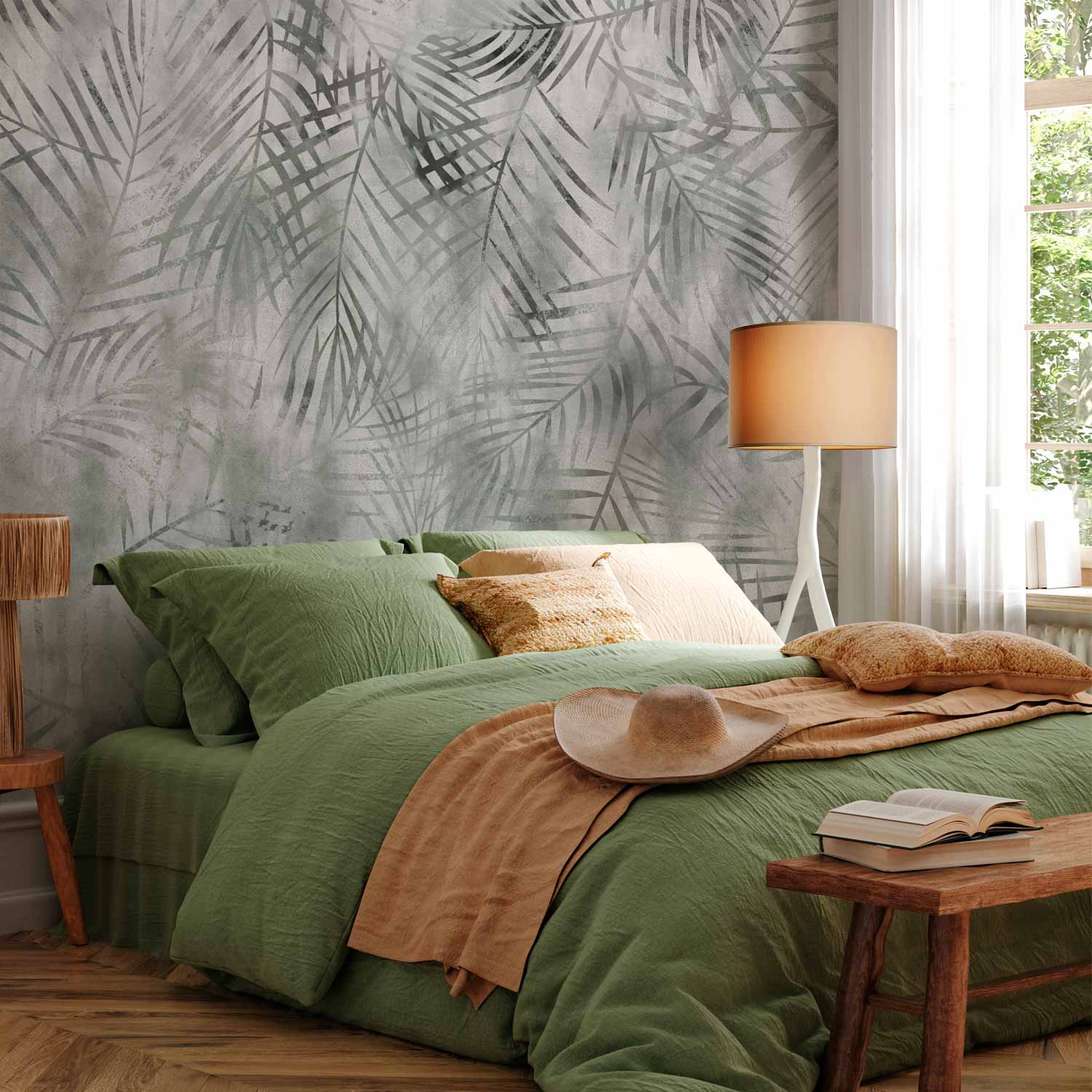 Grey Exotic Leaves Minimalist Landscape Wall Mural
