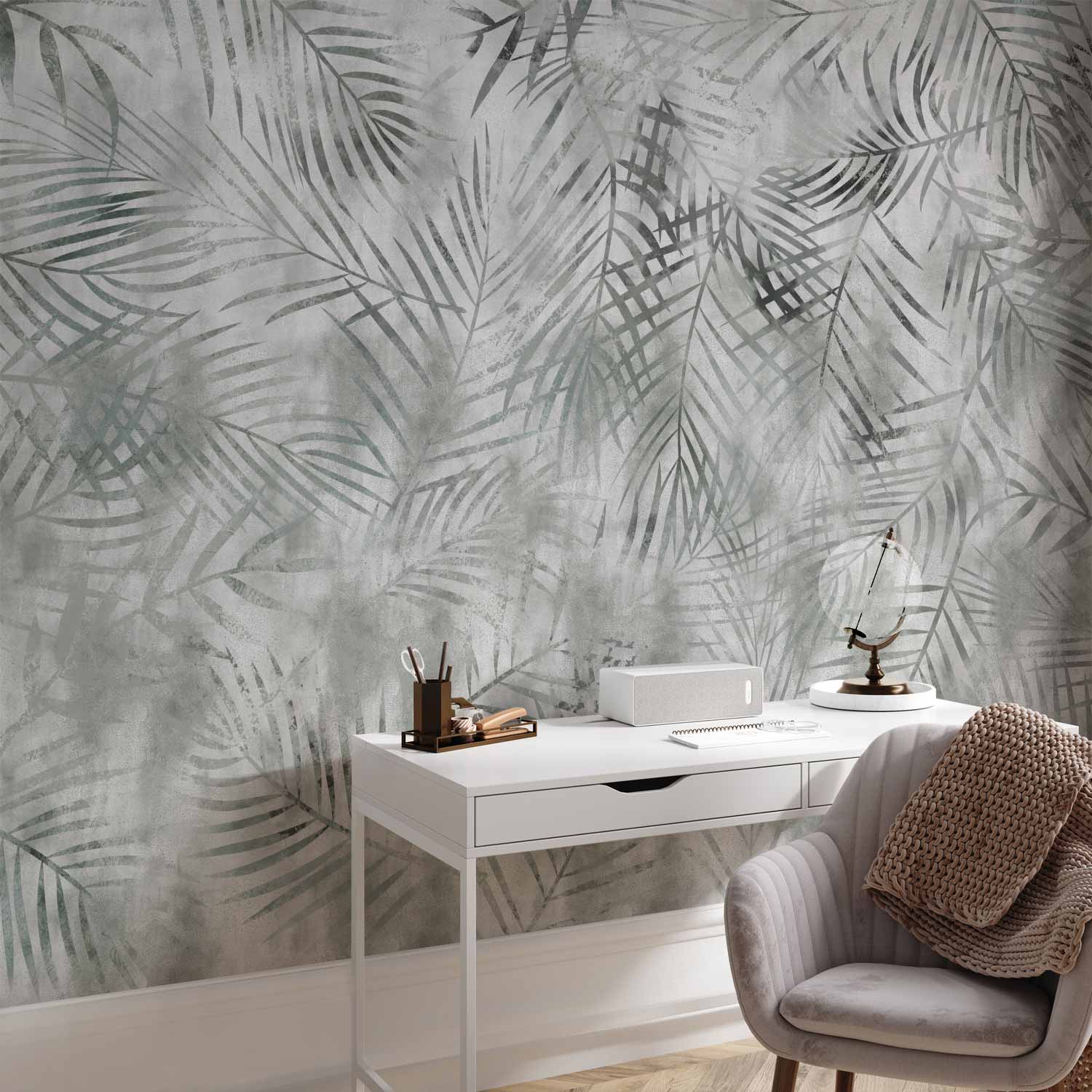 Grey Exotic Leaves Minimalist Landscape Wall Mural