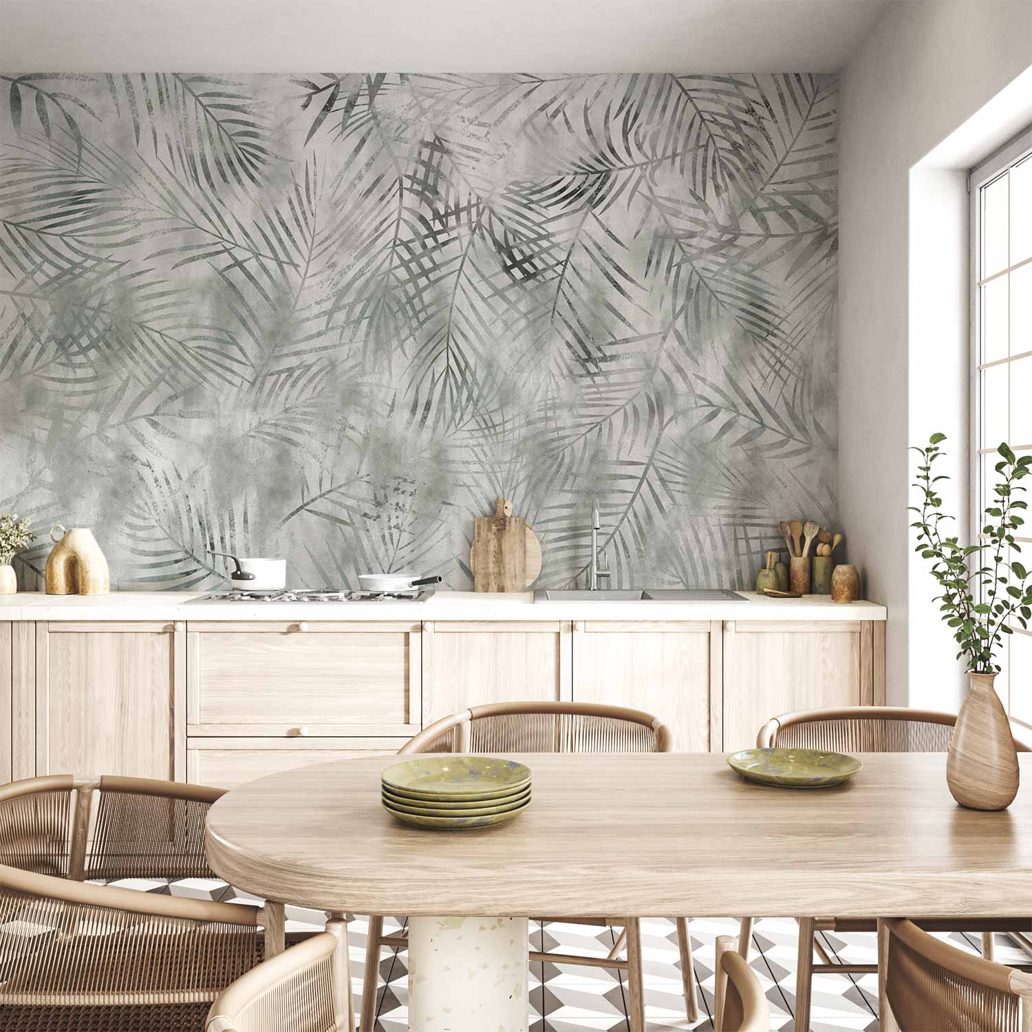 Wall Mural: Minimalist Landscape with Grey Exotic Leaves