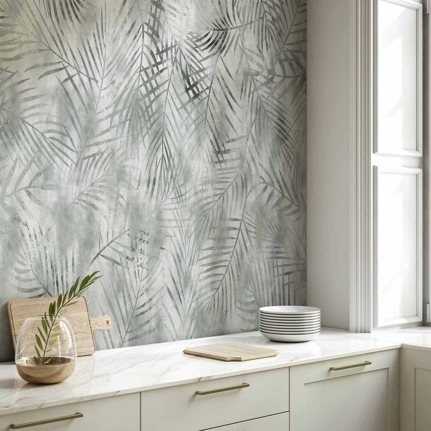 Grey Exotic Leaves Minimalist Landscape Wall Mural