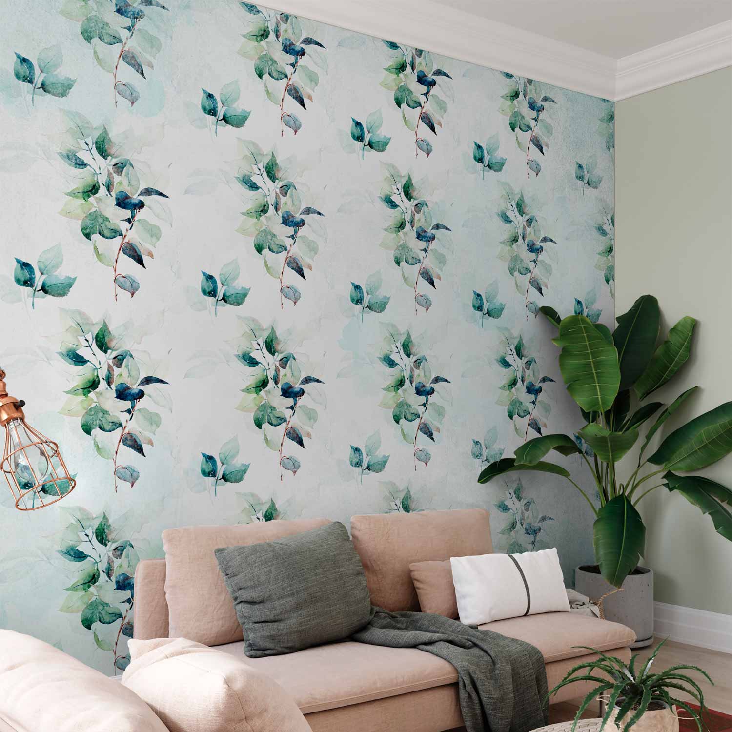Wall Mural Mint Nature - Floral Leaves Pattern