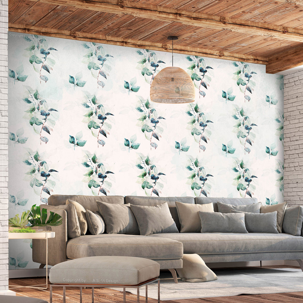 Wall Mural Mint Green Nature Solid Floral Pattern with Green Leaves