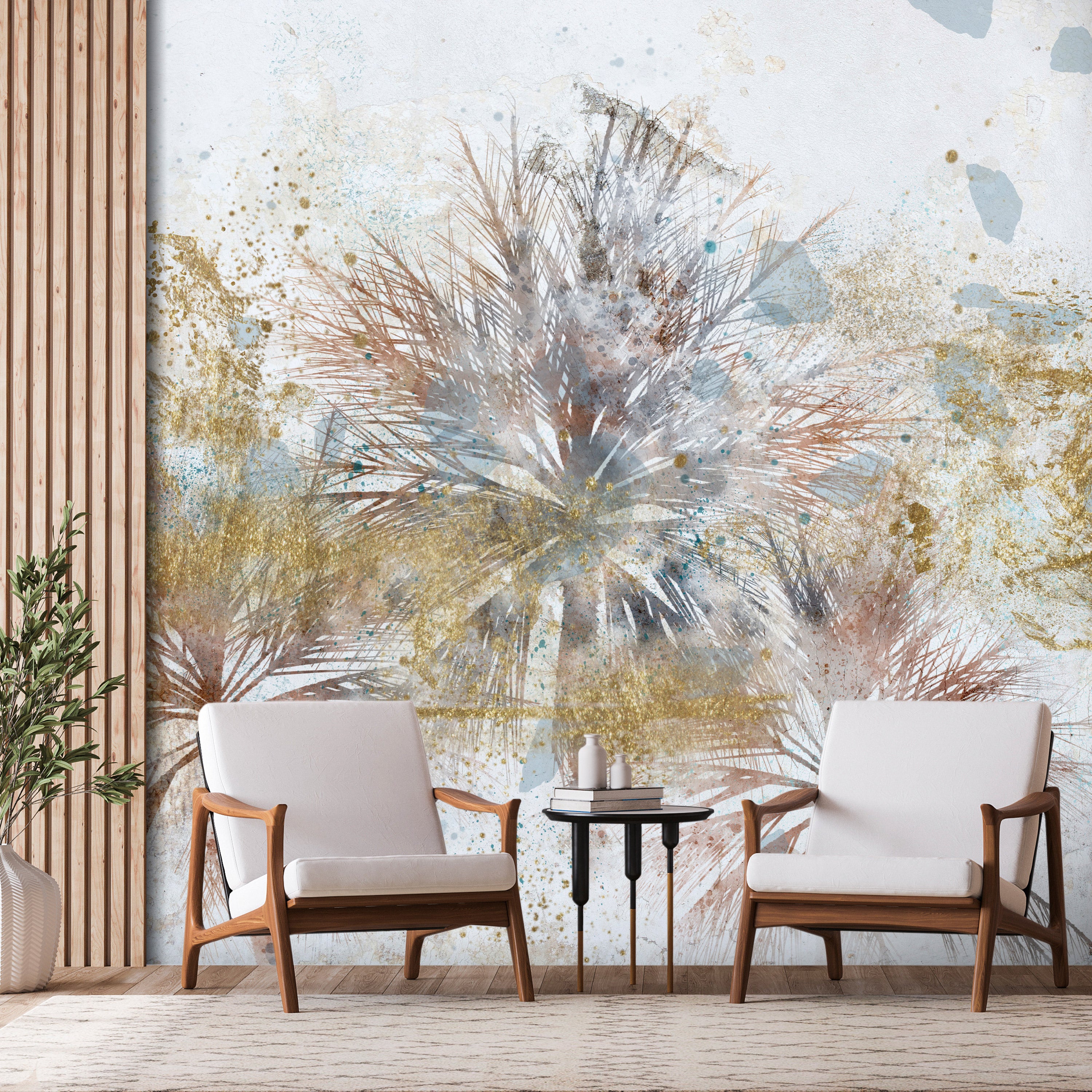 Wall Mural - Grey palms and leaf motif in abstract composition