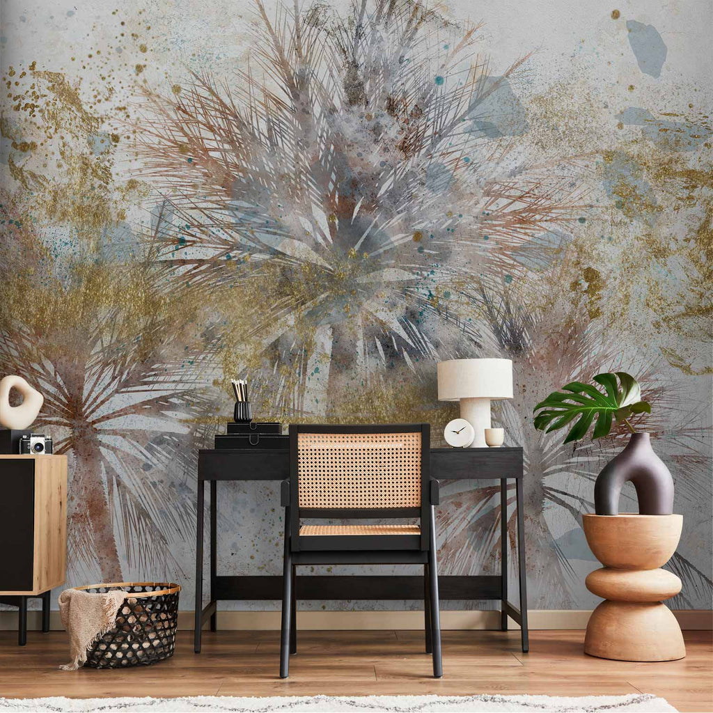 Grey Palm Leaves Abstract Wall Mural