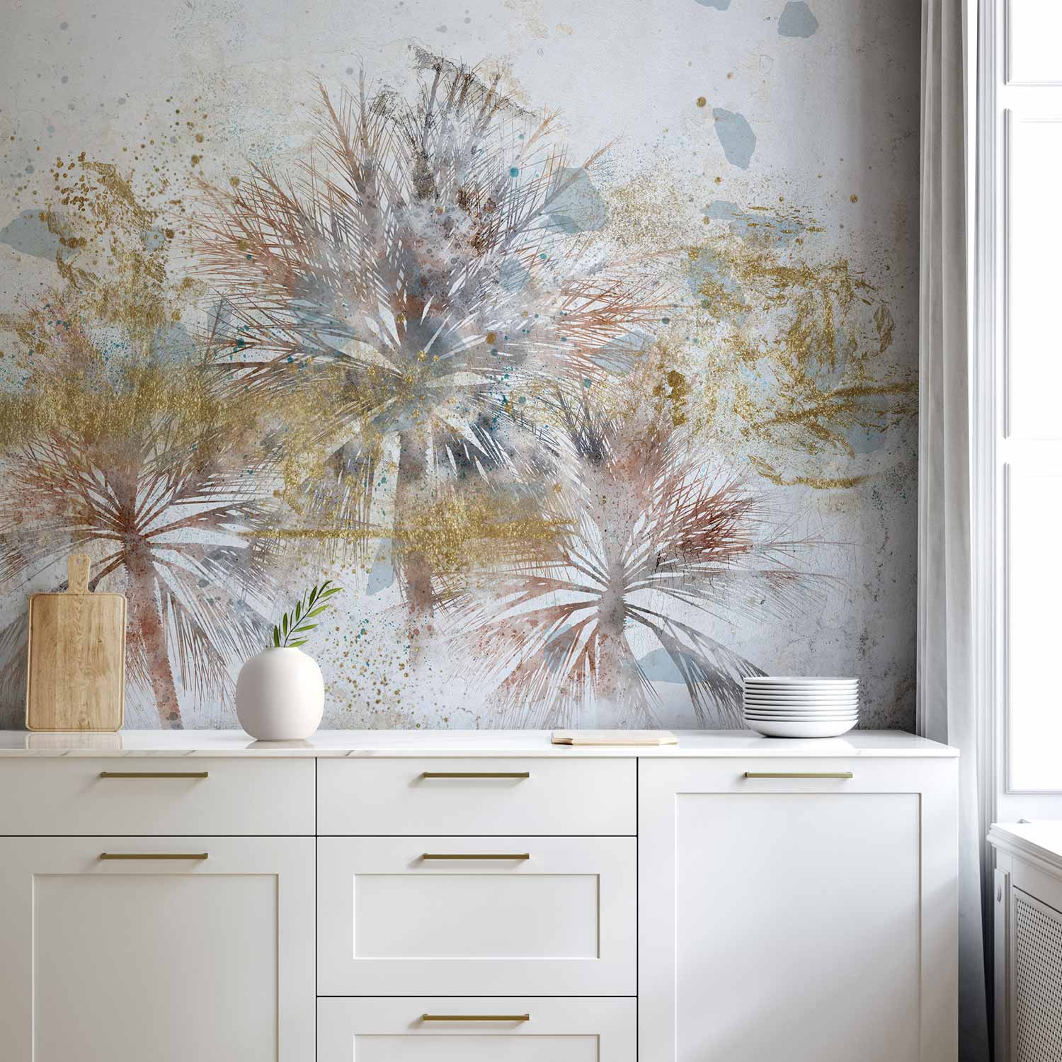 Wall Mural - Grey palms and leaf motif in abstract composition