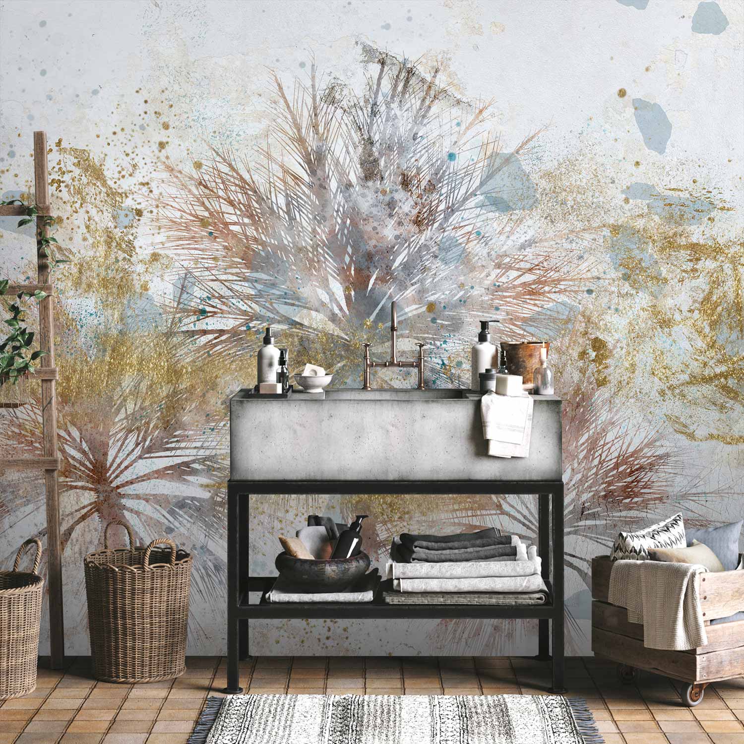 Grey Palm Leaves Abstract Wall Mural