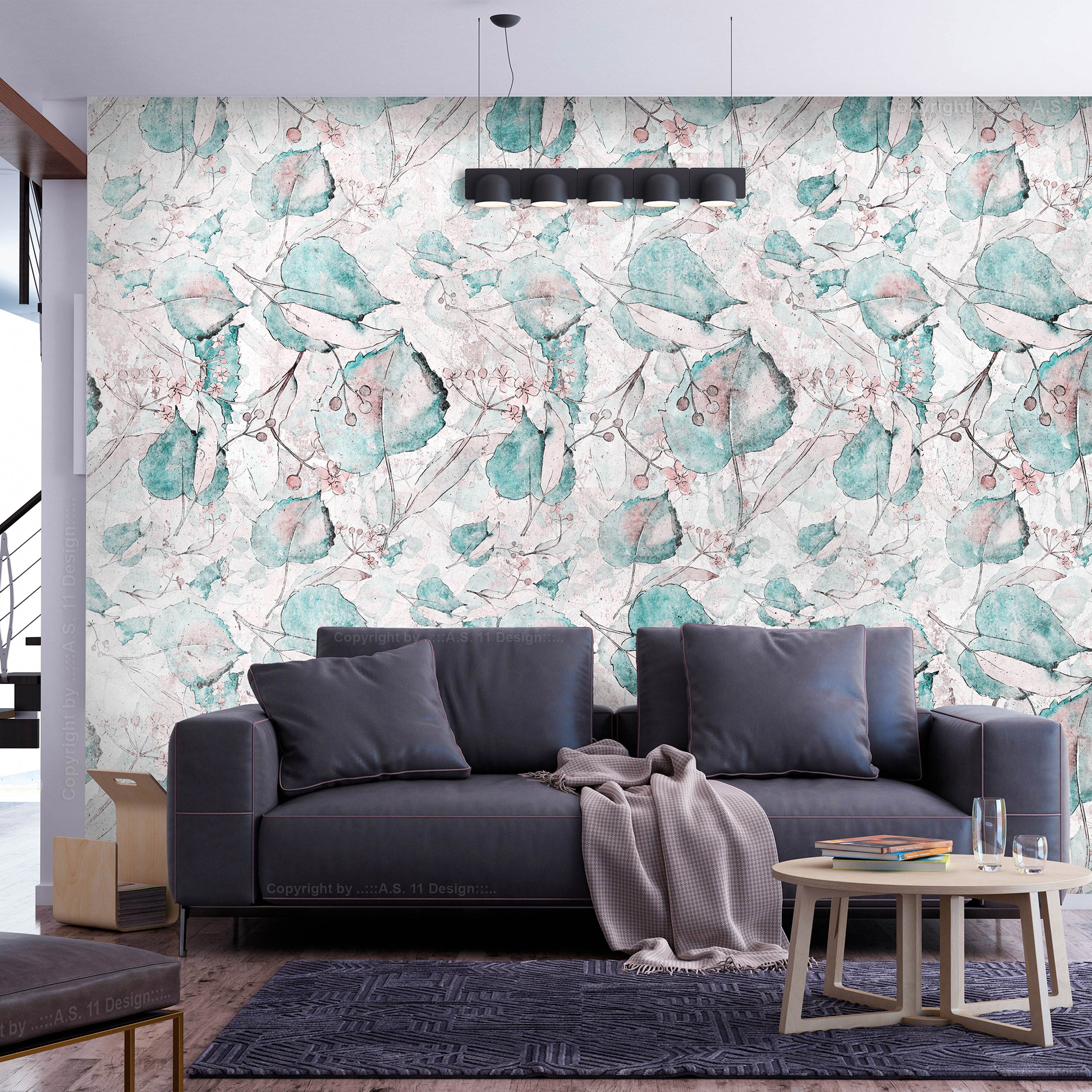 Wall Mural Autumn Leaves Turquoise Pattern